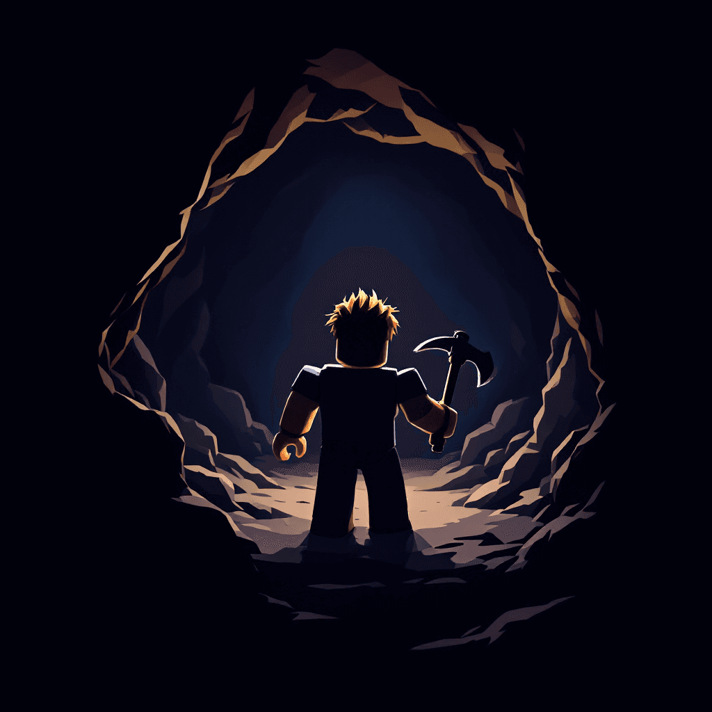 AI generated: Robloxian with default skin holding a pickaxe, entering a dark cave, dim torchlight casting shadows ...