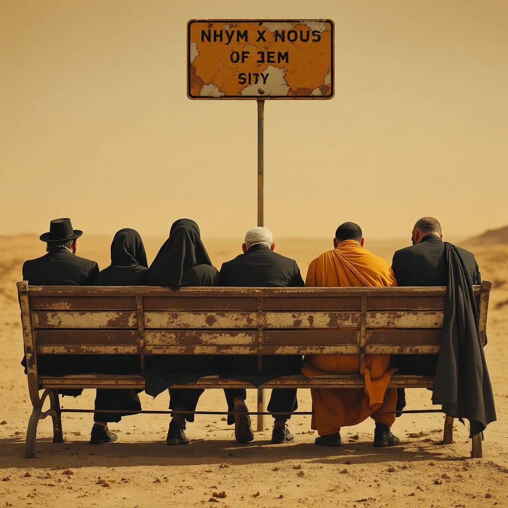 AI generated: Wide cinematic shot, taken from behind, in a vast, sun-scorched desert. A dilapidated, rusted bus st...