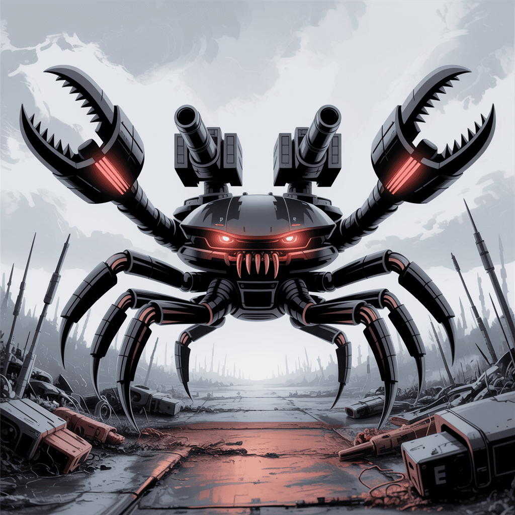 AI generated: Wide and low, Giant black Robot-hybrid military Crab with dual cannons mounted on it's back, wide fl...