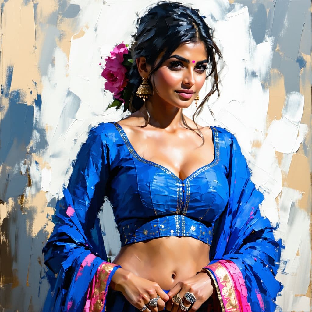 AI generated: A beautiful Indian woman in an elegant blue lehenga with pink sari, plus size with FLAT stomach , br...