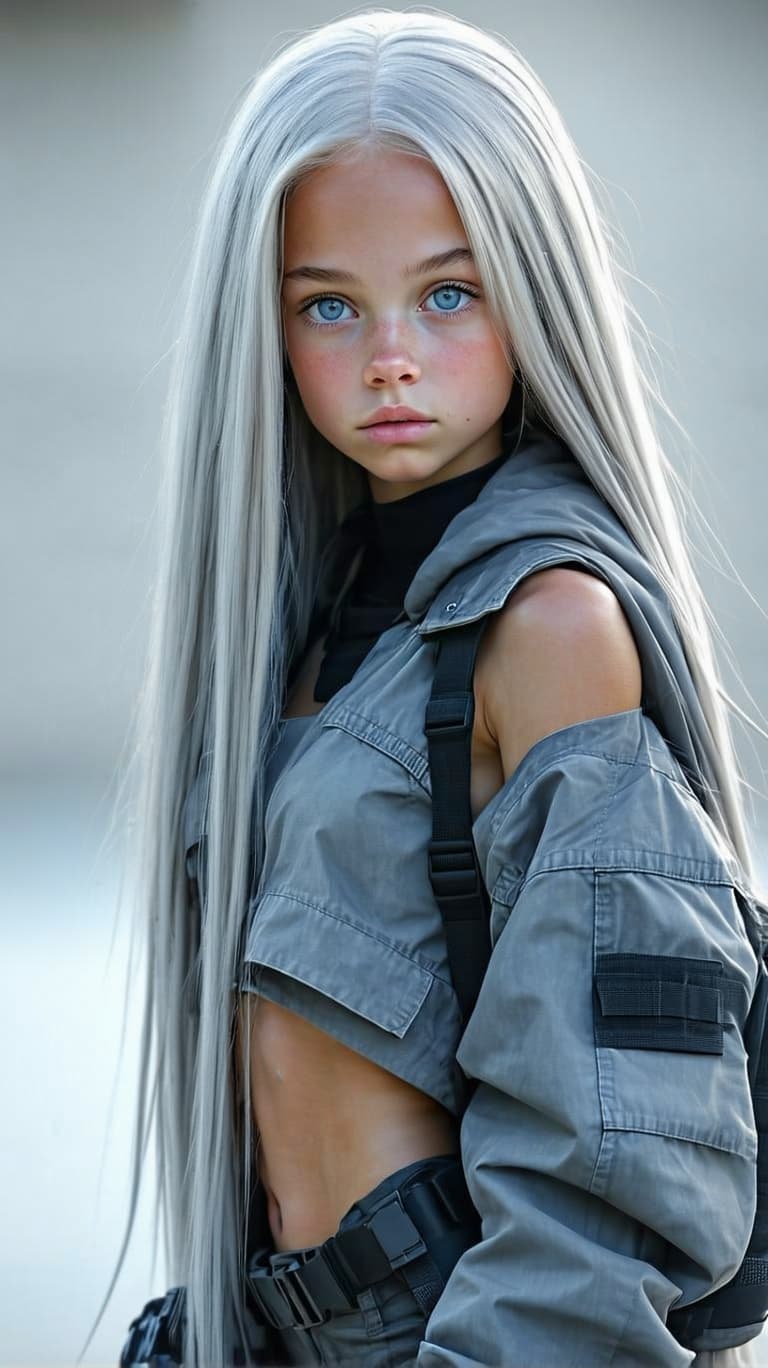 AI generated: exceptionally beautiful tween girl, platinum very long Dark Ash Blonde hair, (masterpiece), (futuris...