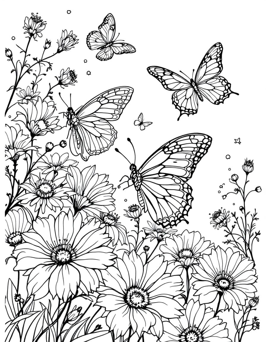 AI generated: "Black and white line drawing {Highly detailed line drawing of butterflies flying over blooming flow...