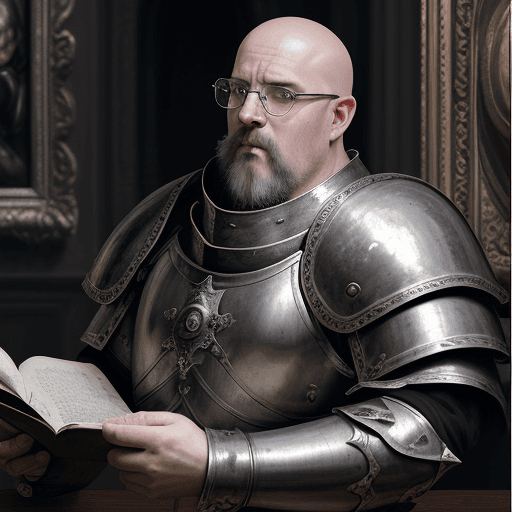 AI generated: baroque painting, old painting, dark fantasy illustration, bald, no facial hair, thick round glasses...