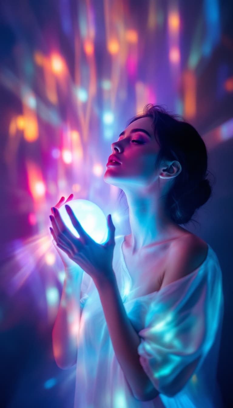 AI generated: Light Art, Illuminated Forms, Shifting Colors, Ethereal, Woman Holding a Light Source Glowing, Seren...