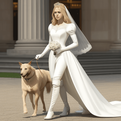 AI generated: best quality,masterpiece,queen,(actress:0.9),walk a dog,knee boots,wedding dress,blonde hair
