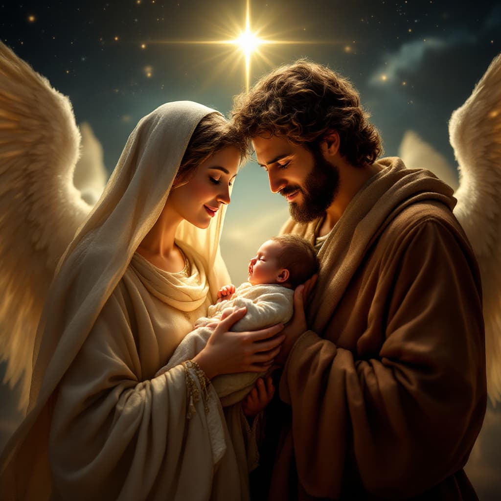 AI generated: An ultra-realistic and cinematic depiction of Mary and Joseph lovingly holding baby Jesus in their h...