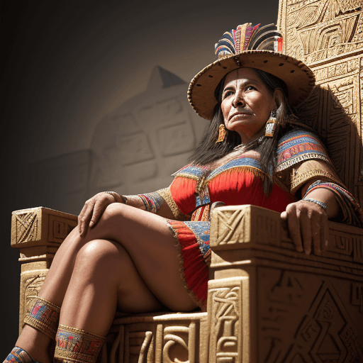AI generated: Latina inca 50 years-old woman sitting on an ancient throne with crossed legs in pyramid background,...