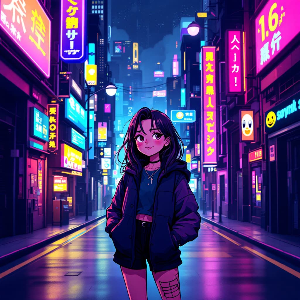 AI generated: A flat illustration of 1 girl, city, cyberpunk, neon, neon lights, use emoji sticker happily, vibran...