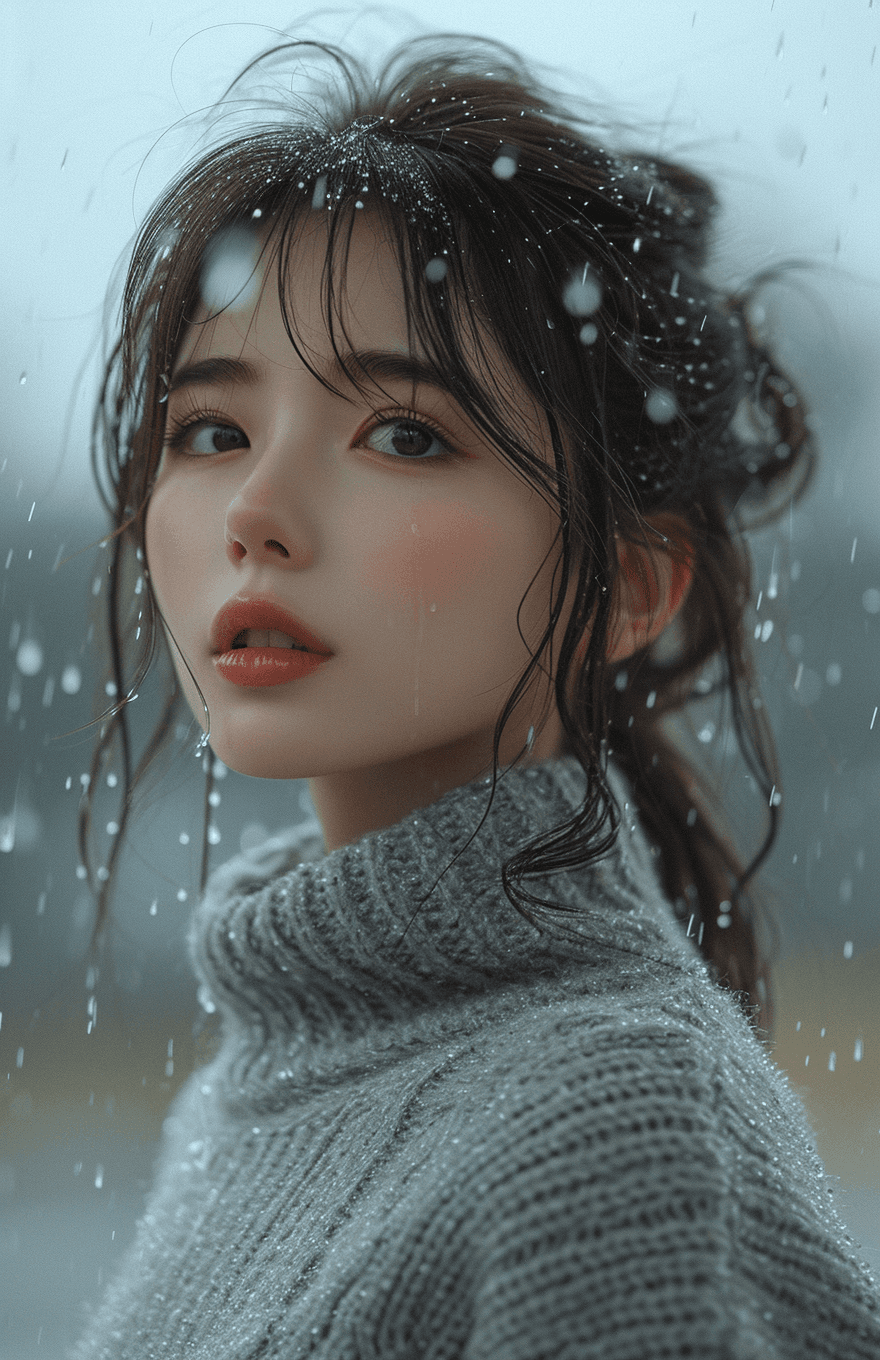 AI generated: a girl standing in the rain wearing a grey sweater, in the style of influenced by ancient chinese ar...