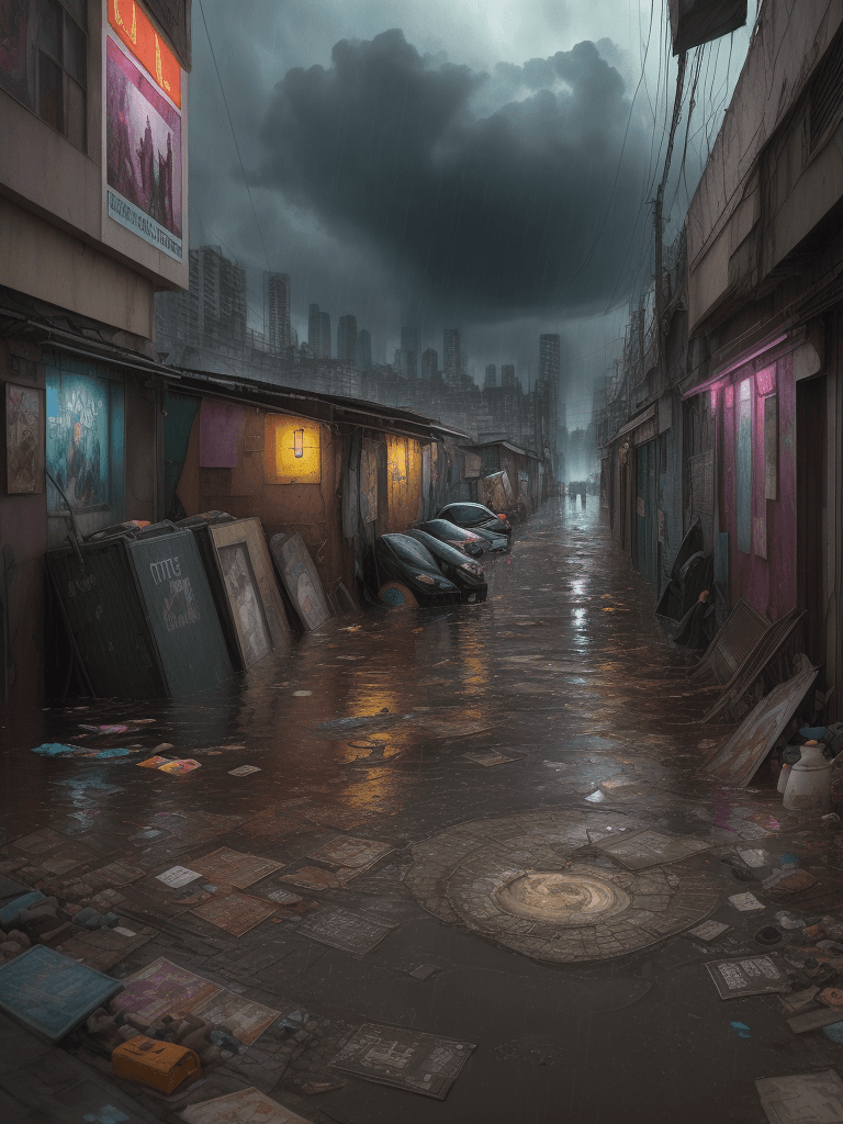 AI generated: A heavy storm and flooding of a slum corner,iconic album covers,
rain,typhon,
litter,intricate detai...