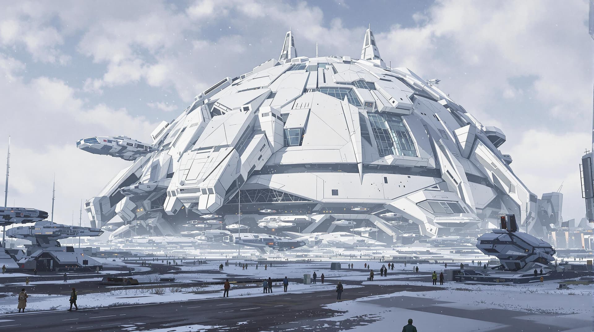 AI generated: A large spaceport with many spaceships parked, people walking around the area. In front of it is an ...