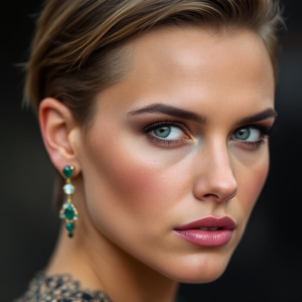 AI generated: A close-up color portrait of a Scarlett Johansson, short, slicked back, light brown hair with shaved...