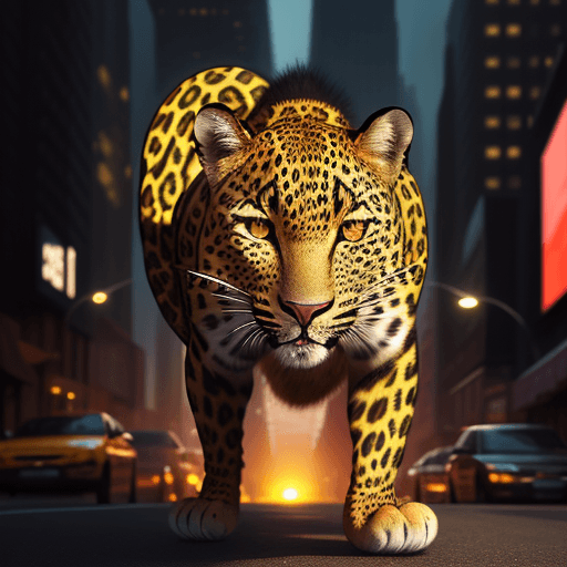 AI generated: real leopard in New York city, aproaching his prey, super realistic with an orange and black color s...