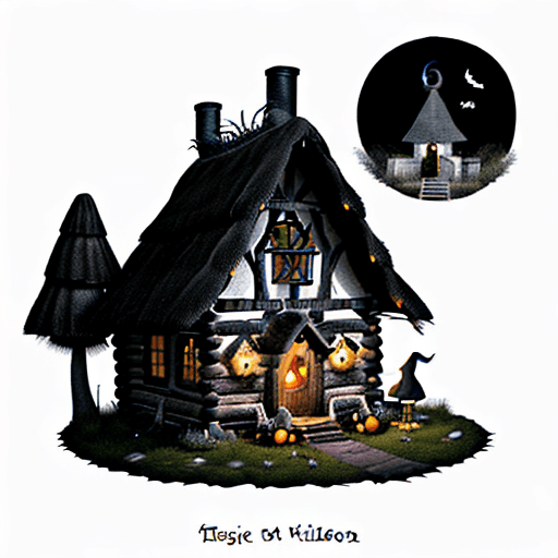 AI generated: Design a whimsical black and white Halloween coloring page of a witch's cabin in the woods. The cott...
