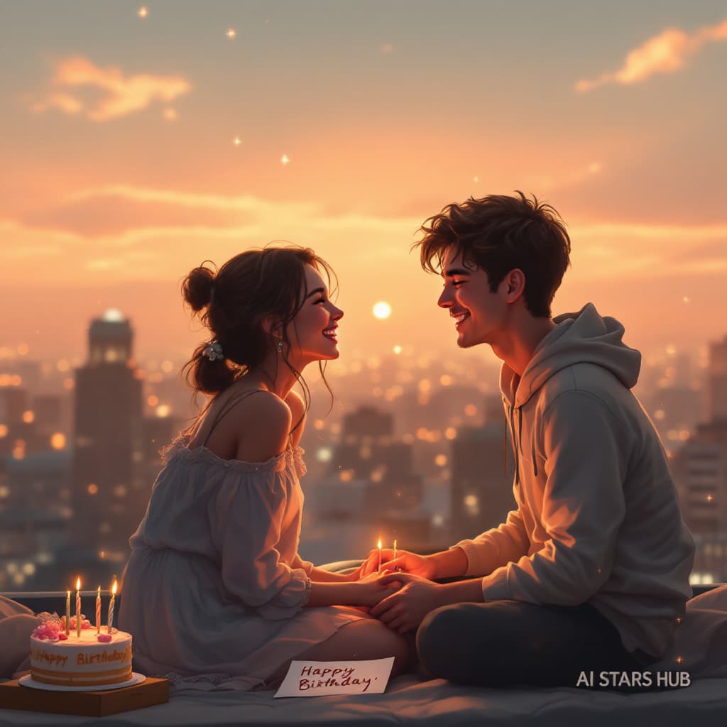 AI generated: A dreamy, high-resolution digital painting of a couple sitting together on a rooftop at sunset, shar...