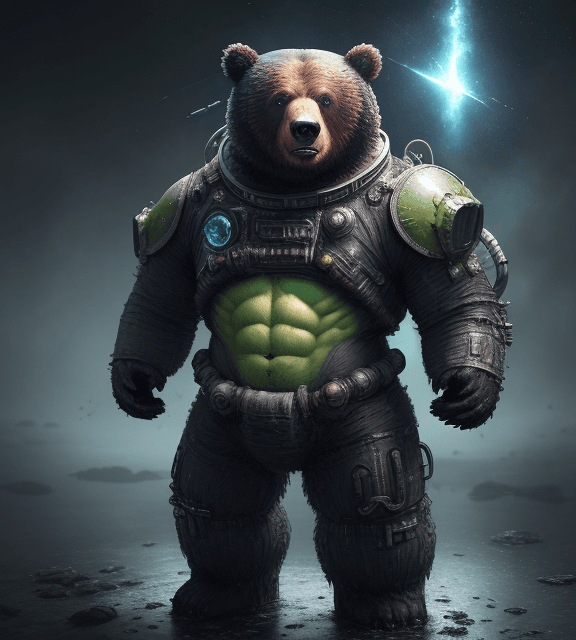 AI generated: the bear is dressed hulk and standing in an outer space suit, in the style of brushwork exploration,...