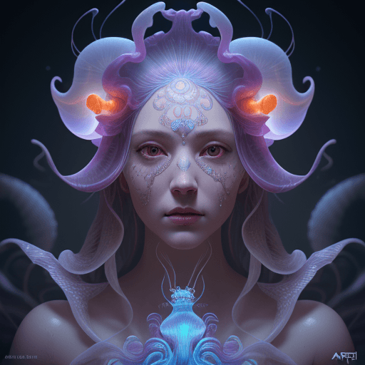 AI generated: Goddess close-up portrait ribcagel. jellyfish phoenix head, nautilus, orchid, skull, betta fish, bio...