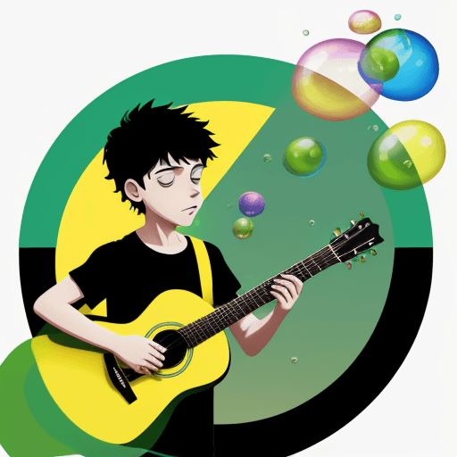 AI generated: A tshirt vector of a 5 youngs latin boys playing with the acoustic guitar, with colorful bubbles flo...