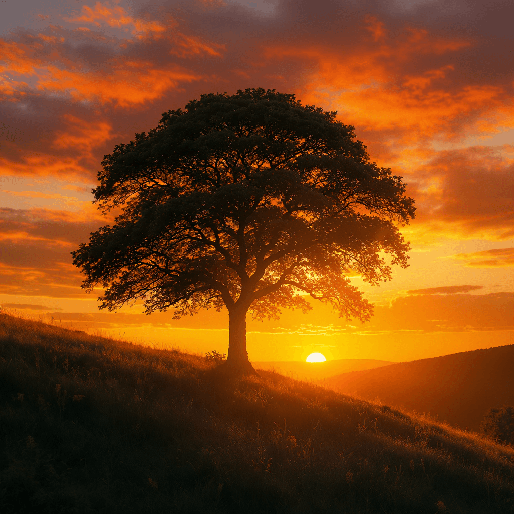 AI generated: Tree on a hill in sunset 