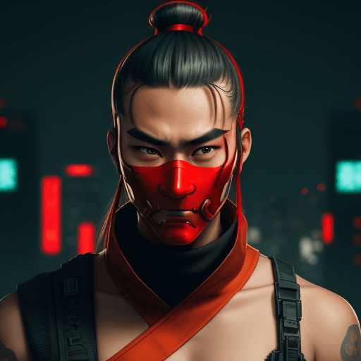 AI generated: Cyberpunk, red man bun, Chinesse, Young, serious look, Masked