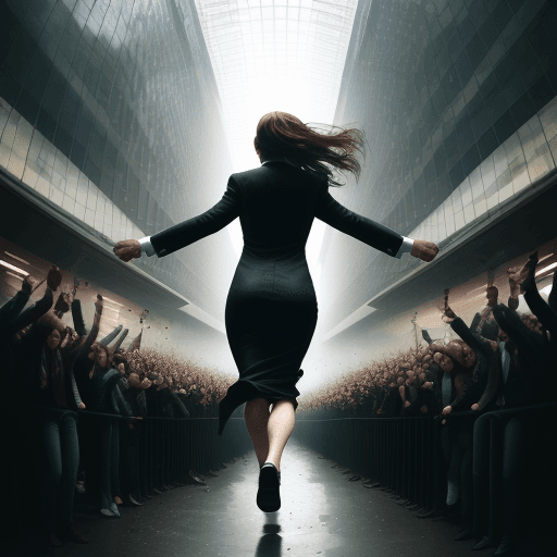 AI generated: A woman walking quickly, breaking through the crowd , panoramic