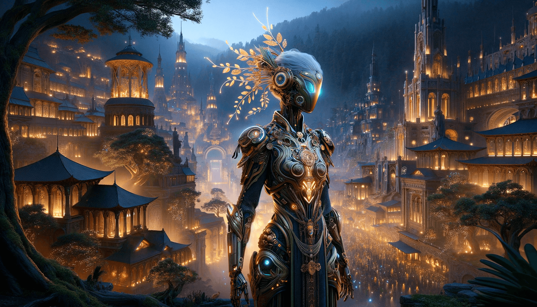 AI generated: In an ancient cityscape, blending the grandeur of Sana'a with a mystical forest ambiance, a characte...