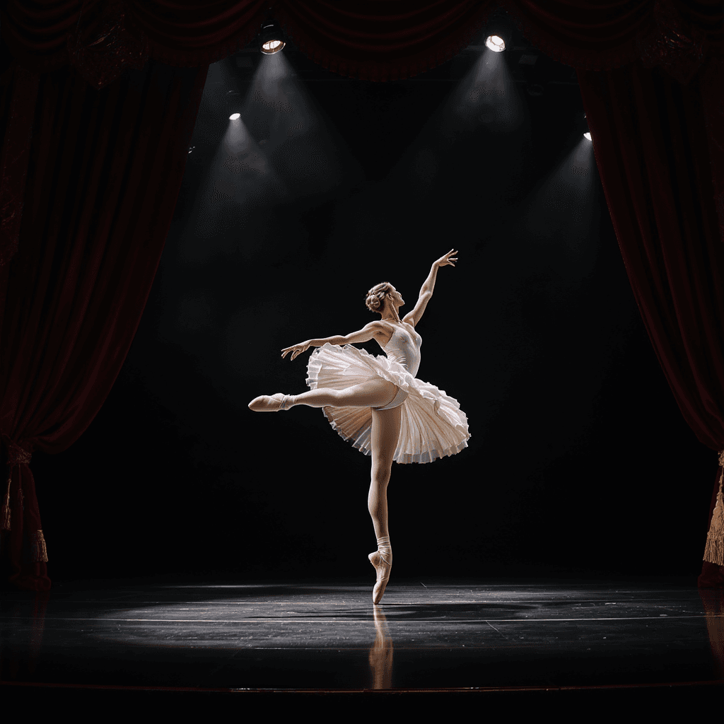 AI generated: Ballerina in mid-leap, tutu fluttering. Graceful form. Intense focus. Classical theater. Spotlights....