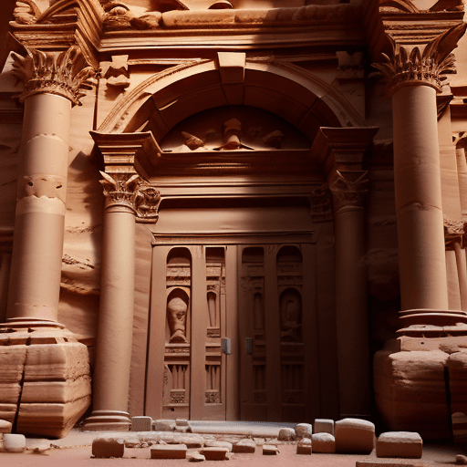 AI generated: the ancient closed door of the treasury in petra, large and covered in worn runes