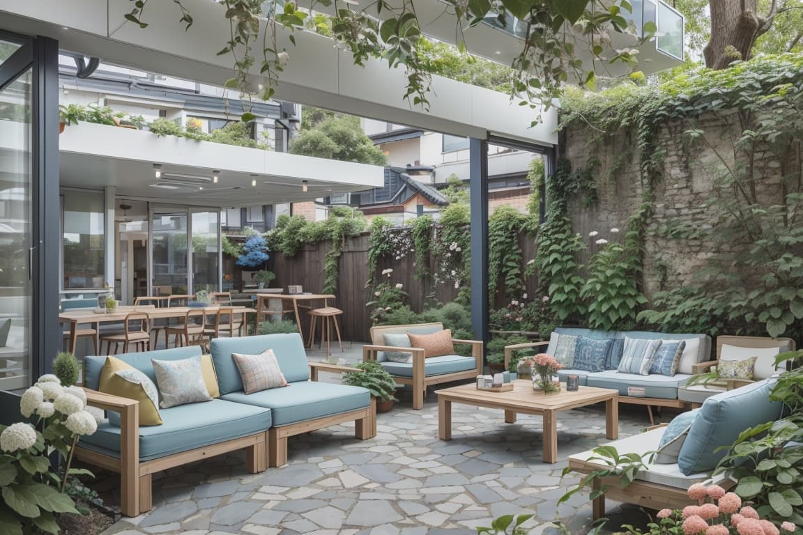 AI generated: high resolution photography landscape design, absolutely open space snack-bar and blended with the g...