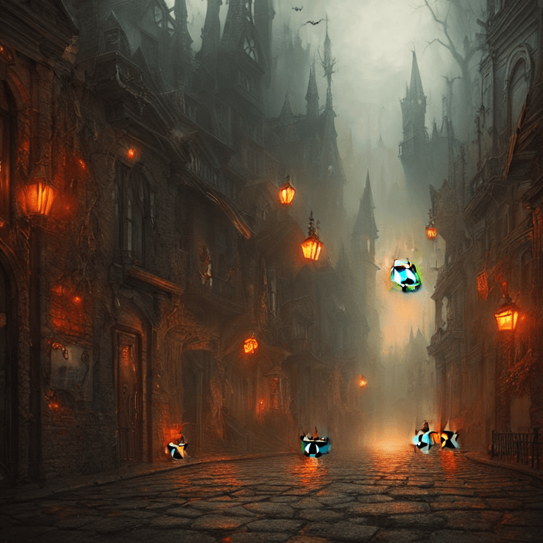 AI generated: Halloween Street, creepy haunted city streets, Hyperdetailed, dark fantasy, magic, massive castle, L...