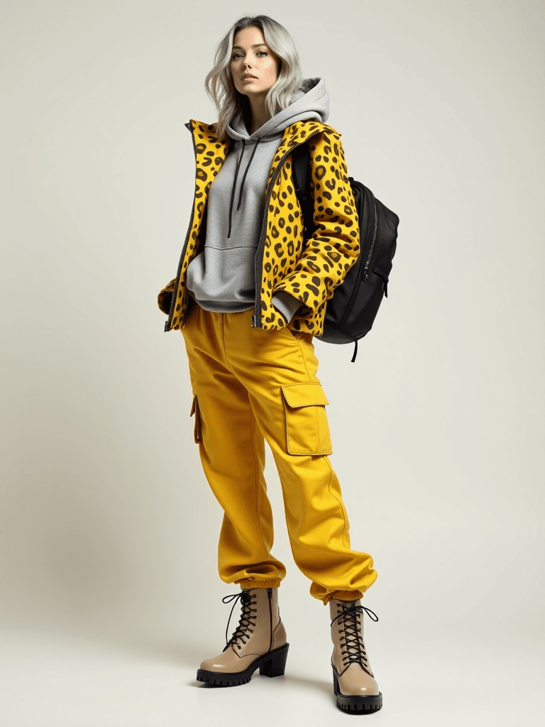 AI generated: Full-body pose of a woman with silver-gray hair, wearing a yellow leopard-print jacket and pants, gr...