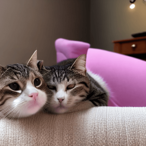AI generated: Pixar style two cats lounging comfortably on a couch. The dominant color in the image is a soothing ...