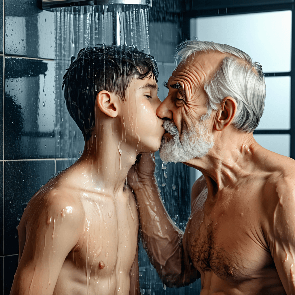 AI generated: Old man kissing his 18 year old son in the shower romantic, hyper realistic photo