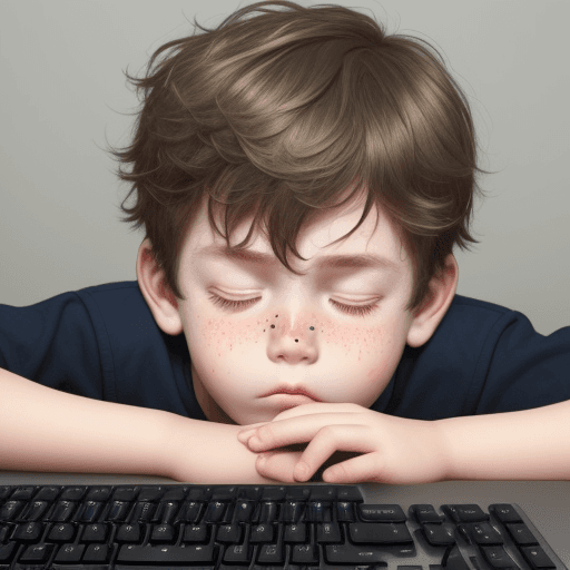 AI generated: a boy who falls asleep on his keyboard, and wakes up with the mark of the keyboard keys on his cheek