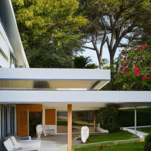 AI generated: Hyper realistic eye level exterior photo of a mid century modern style house overlooking the ocean, ...