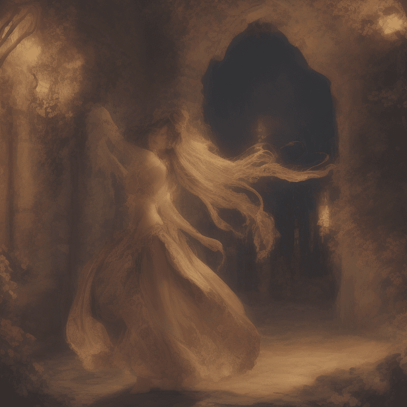 AI generated: Rays of bright full moonlight and torchlight dance around her, casting a whimsical glow over her red...