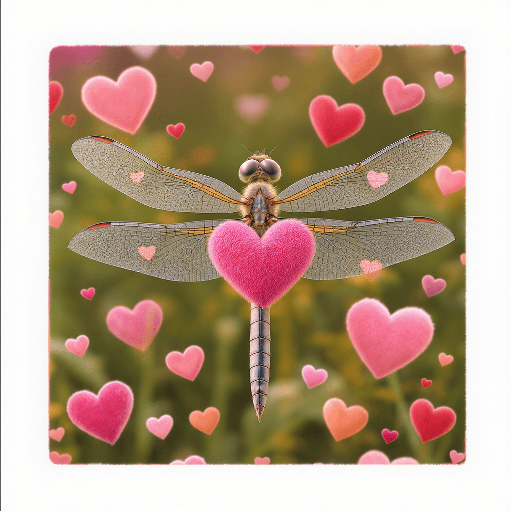 AI generated: a photorealistic illustration, of a dragonfly, with puffy, beautiful hearts, in a square border, sma...