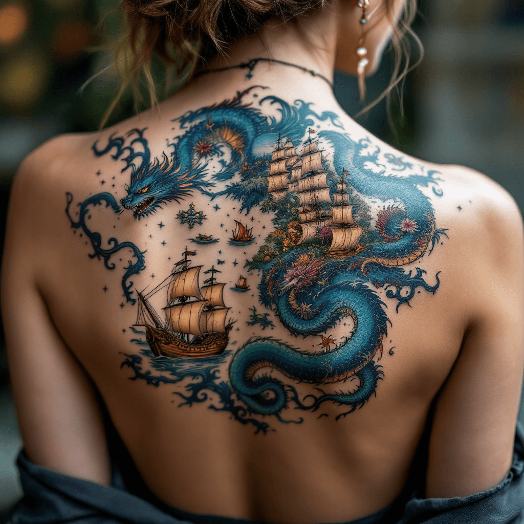 AI generated: A photo of a woman's back with a hyper-detailed, intricately detailed fine art tattoo of a colorful ...