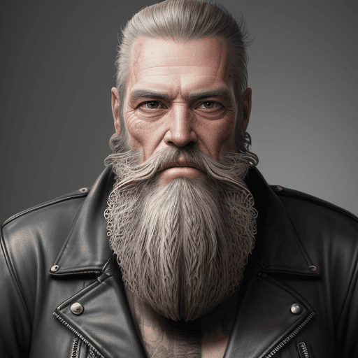 AI generated: Photo of a ultra realistic very old biker with beard and skin cloth