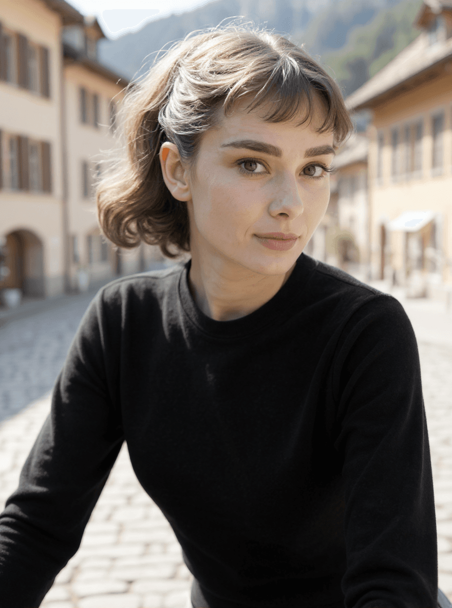 AI generated: Ultra high detailed image with a cobblestone street in a small Swiss village in the background.