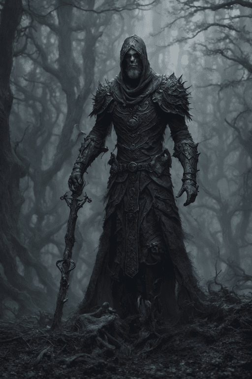 AI generated: Photo of aDeath knight  , dark fantasy, night ,haze, fog,mist, black smoke,volumetric lighting,
sca...