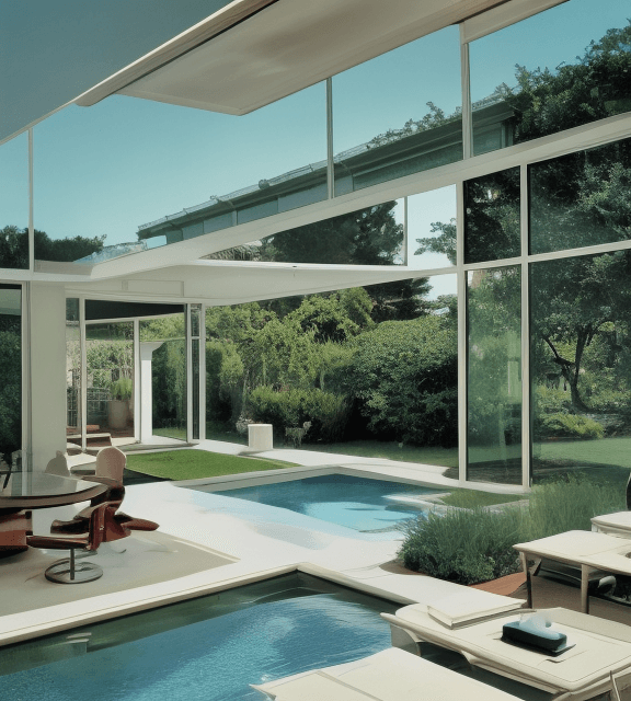 AI generated: Hyper realistic eye level exterior photo of a mid century modern style house overlooking the ocean, ...