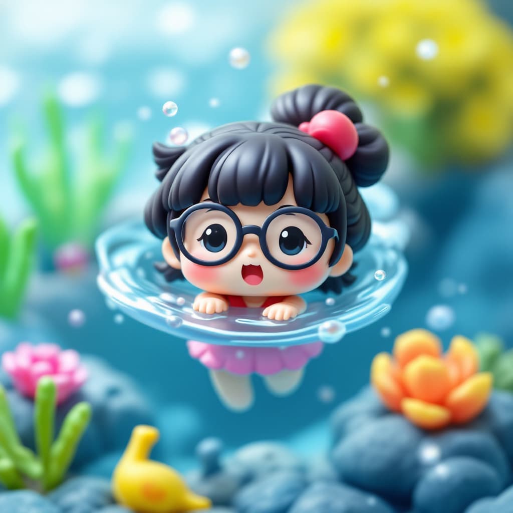AI generated: A cute little hybrid figure with a Japanese
girl's face, wearing glasses and a mokey-like
body float...