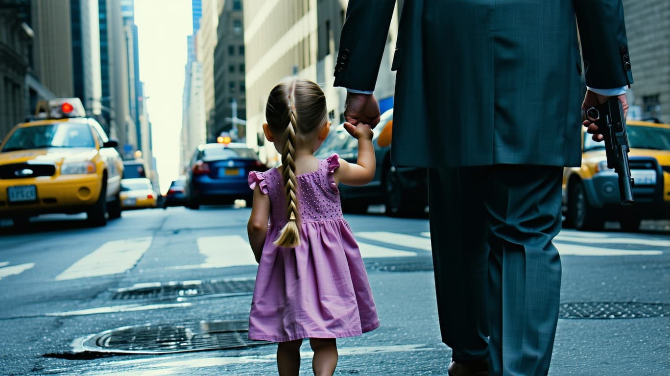 AI generated: An old gangster leads a little girl by the hand down the street of New York, and in his other hand h...