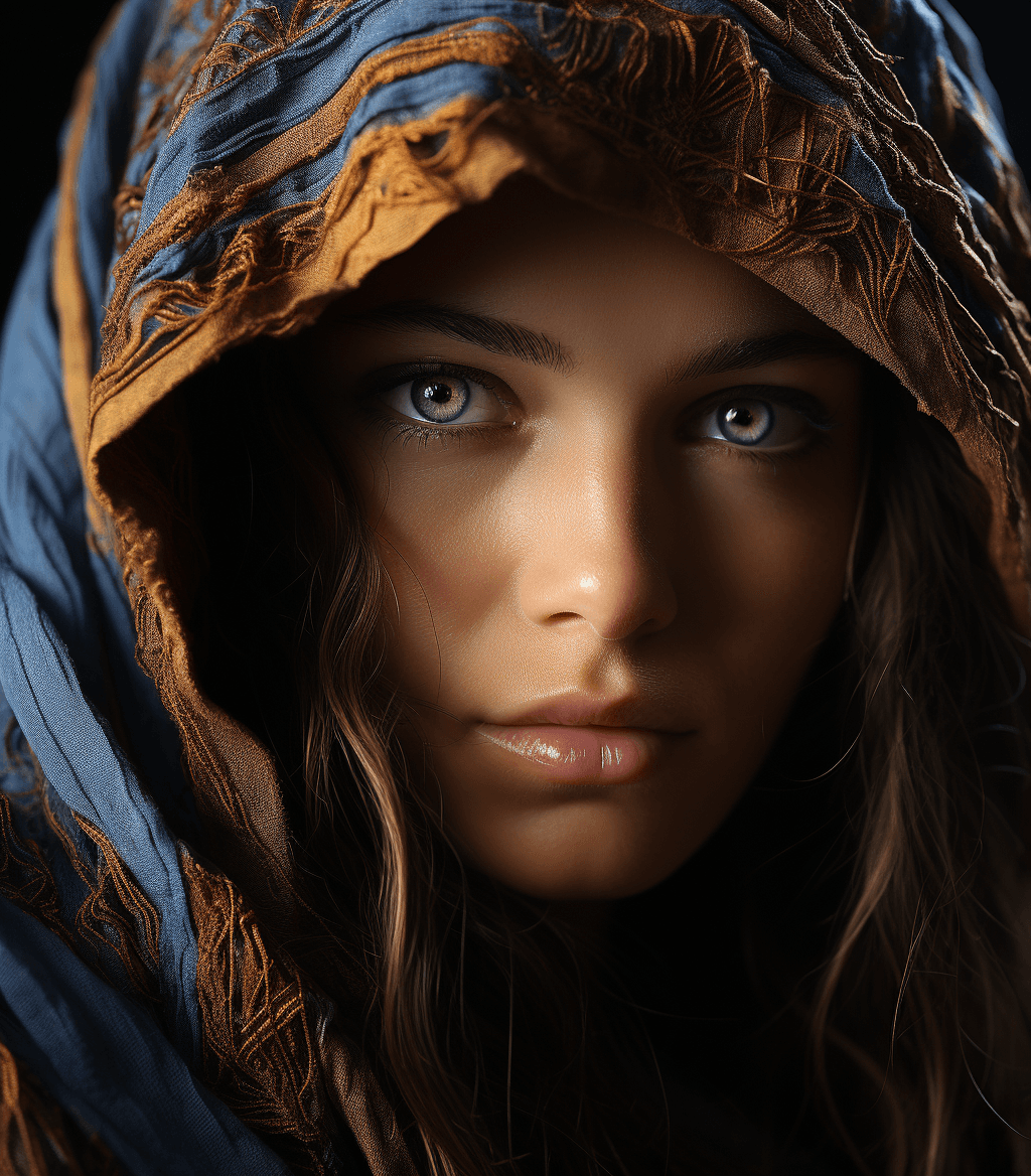 AI generated: a photo of a woman with blue eyes looking at herself, in the style of light indigo and dark amber, r...
