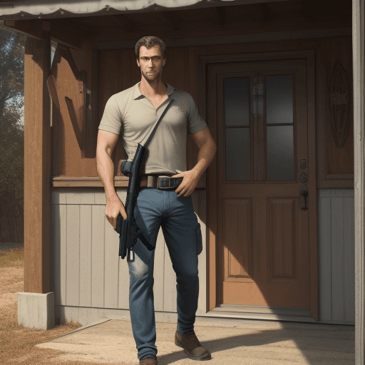 AI generated: a man on the threshold of his house, holding a firearm, realistic, serious, handsome, wearing a casu...