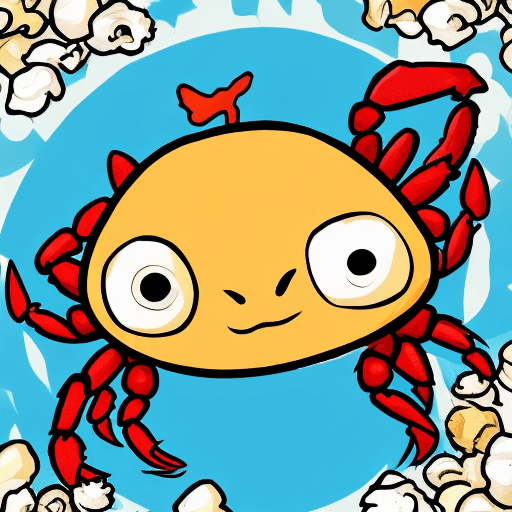 AI generated: A simple crab eating popcorn in comic art for children. not a scary crab. a very cute crab please. 