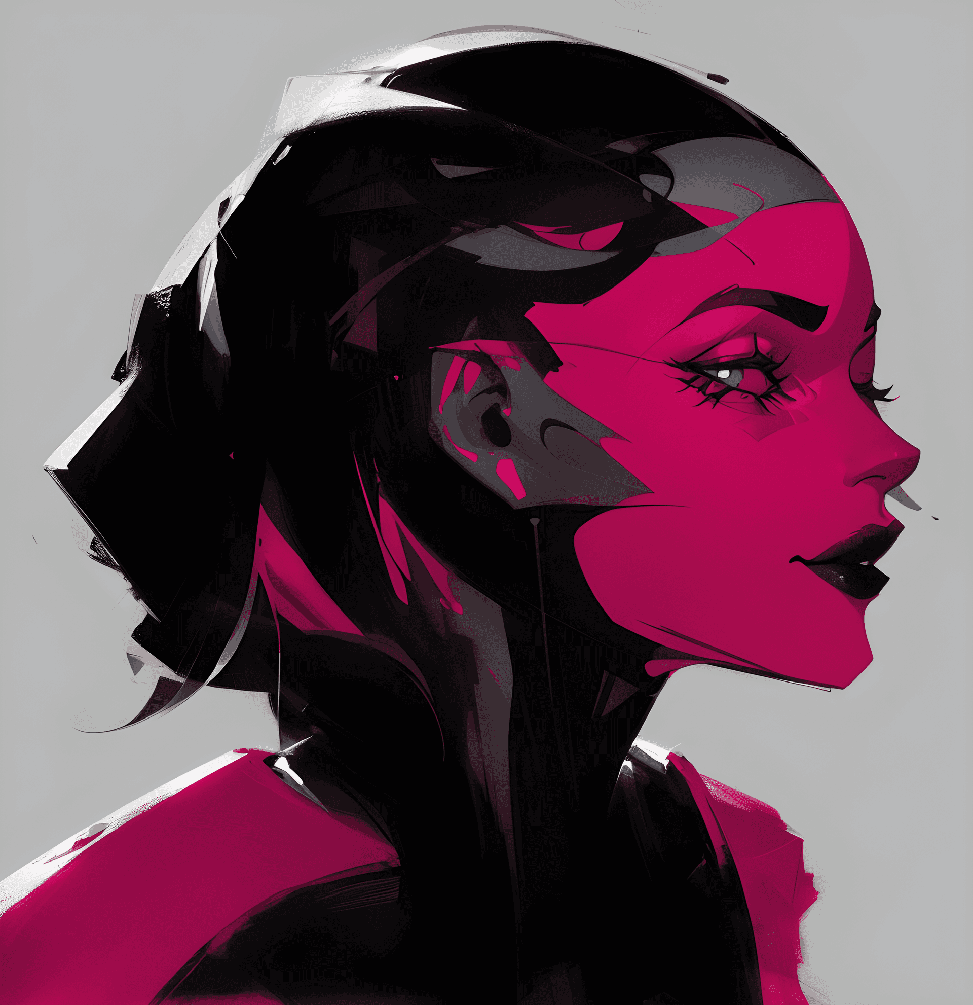 AI generated: a digital painting of a woman with her eyes closed, a digital painting, magenta and gray, high contr...
