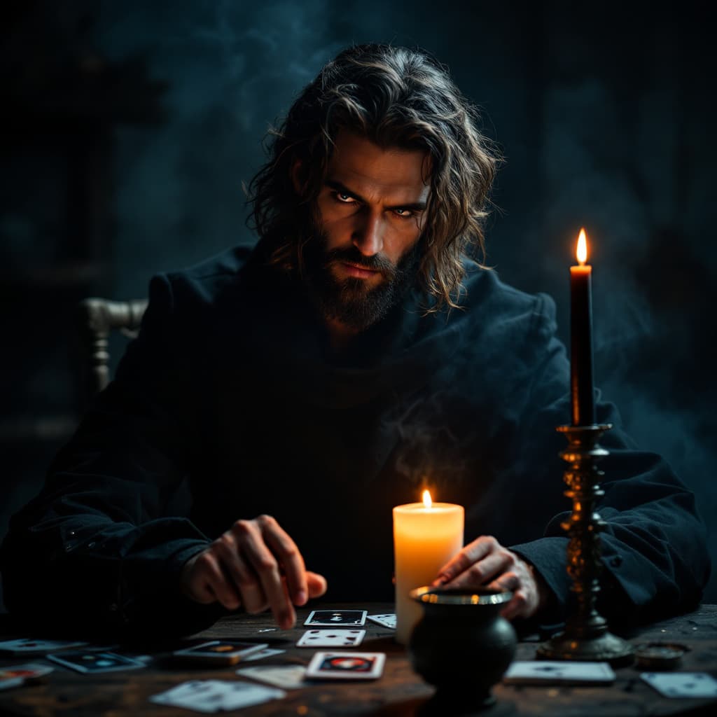 AI generated: handsome man in black psychic in an atmosphere of magic candles and cards
