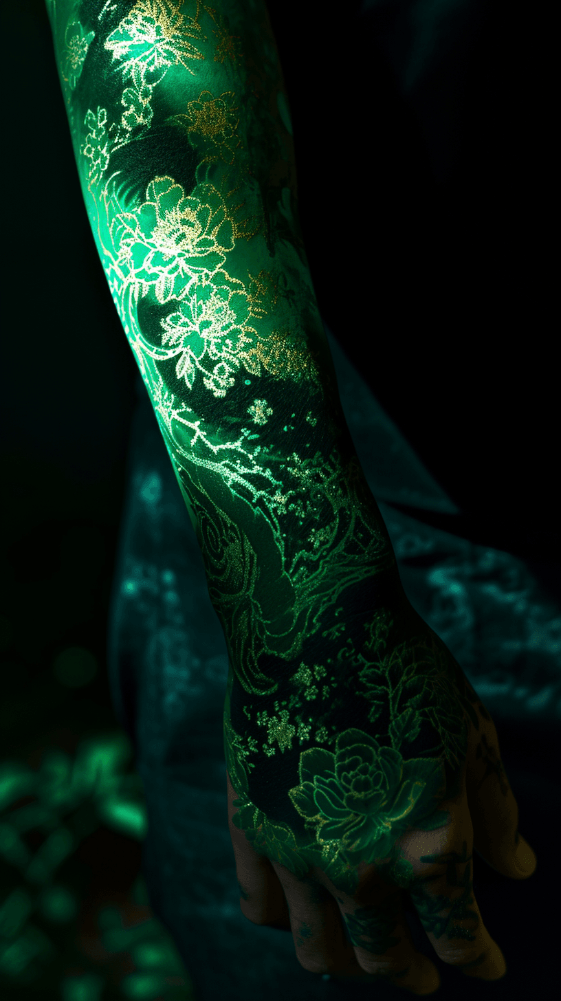 AI generated: green tattooed arm with black light, in the style of makoto shinkai, shiny/glossy, yuumei, flowerpun...